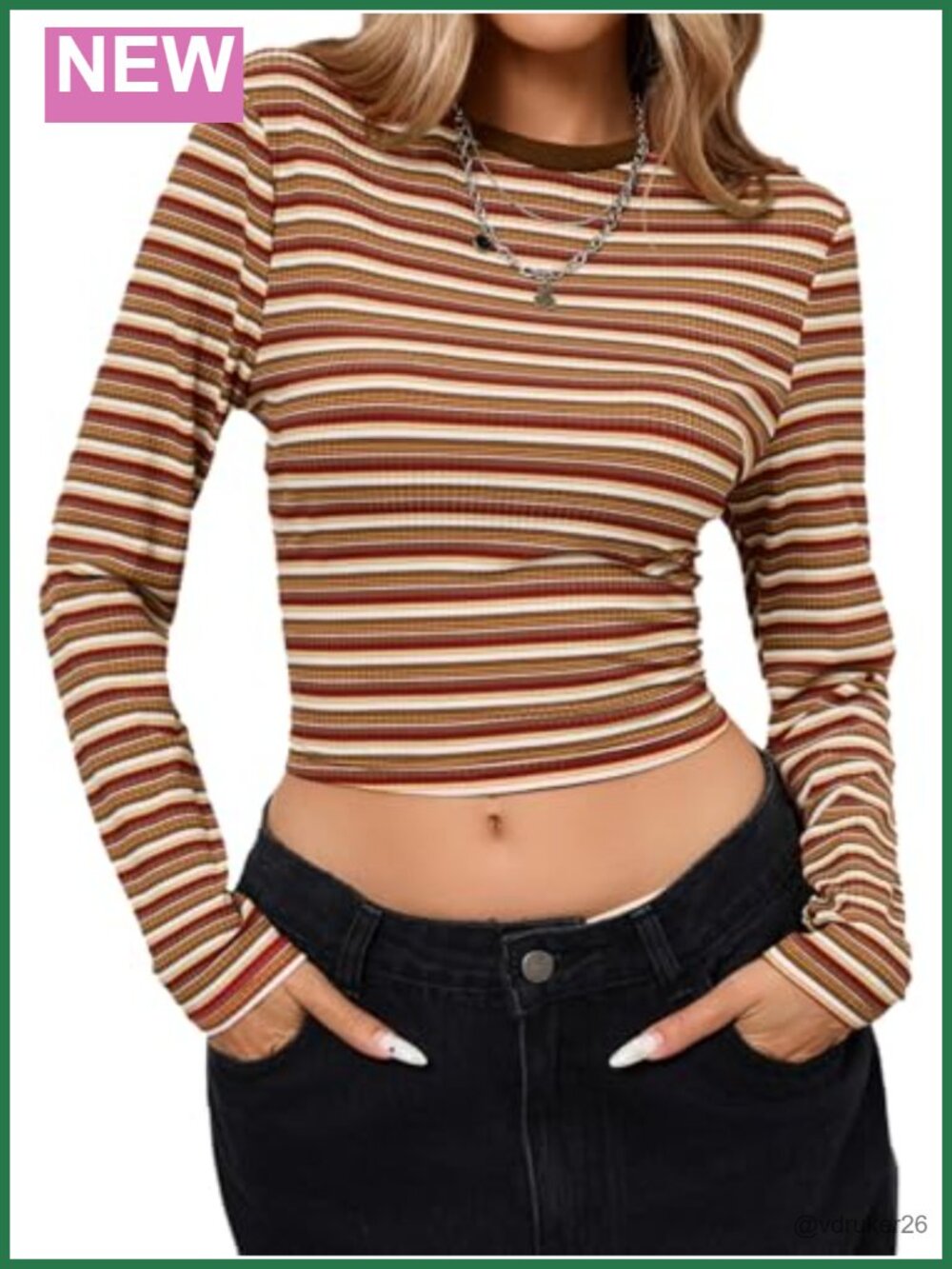 Ribbed Knit Long Sleeve Crop Top Striped Casual T-Shirt Slim Fit Fall